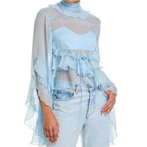 Bardot Sheer Ruffle Tie-Waist Blouse - Light Blue
